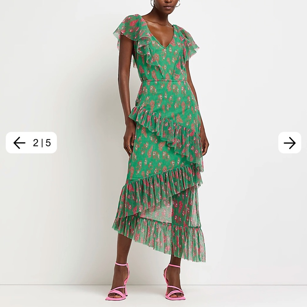 River Island Green Floral Frill swing dress
